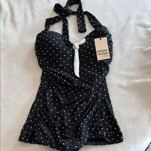 Unique Vintage Black and White Polka Dot Halter One-Piece Swimsuit